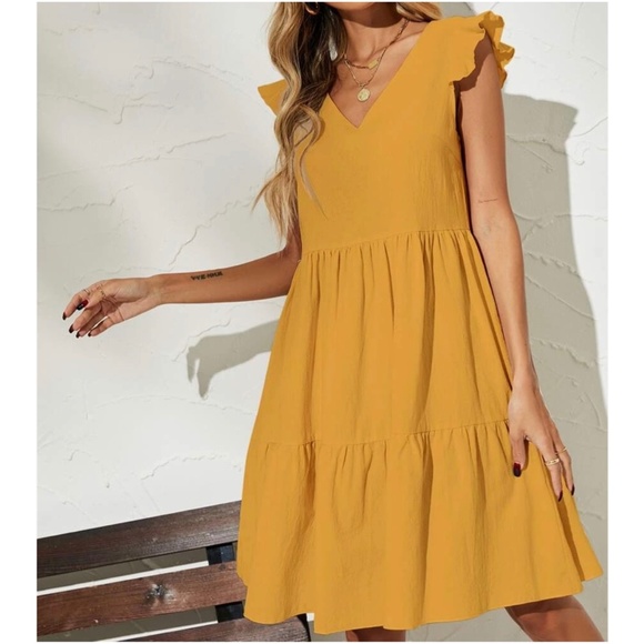 Boho Ruffle Sleeve Smock V neck Mini Dress - Picture 3 of 4